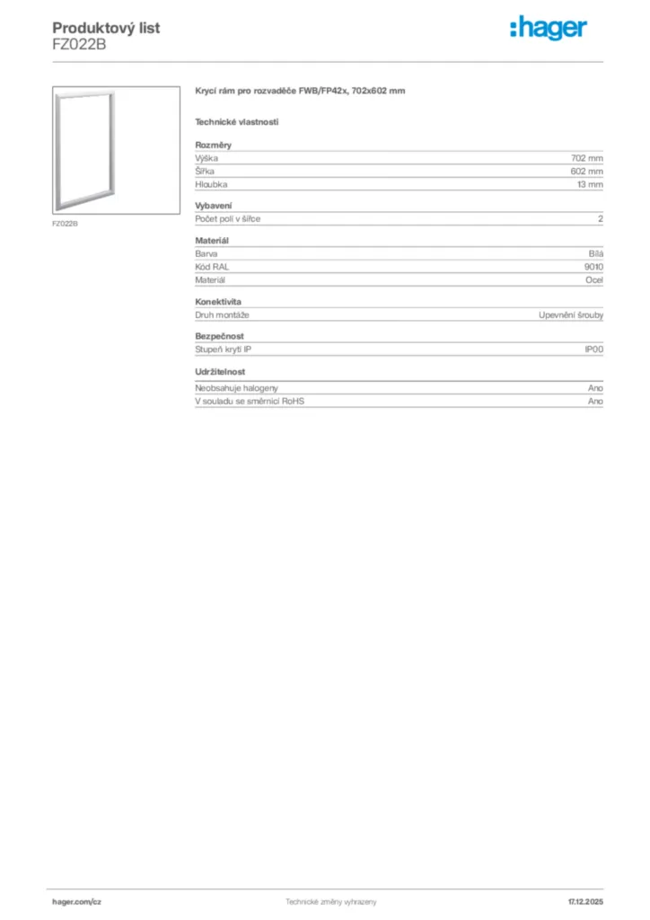 Obrázek Hager Produktový list FZ022B | Hager