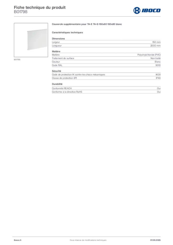 Image Iboco Fiche technique du produit B01798 | Hager France