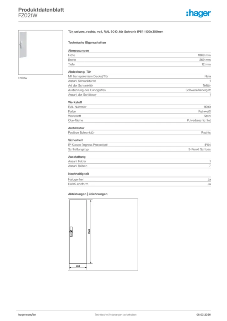 Bild Hager Produktdatenblatt FZ021W | Hager Deutschland