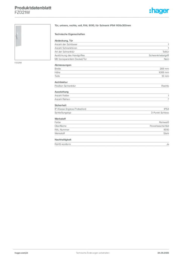 Bild Hager Produktdatenblatt FZ021W | Hager Deutschland