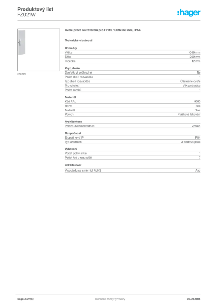 Obrázek Hager Produktový list FZ021W | Hager