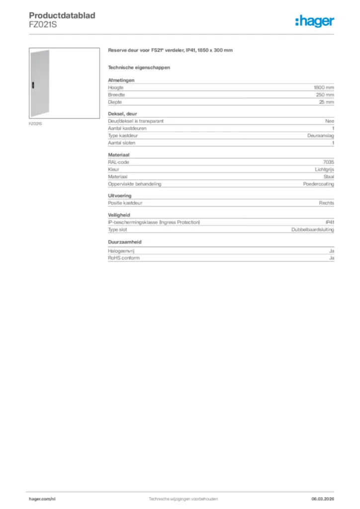 Afbeelding Hager Productdatablad FZ021S | Hager Nederland