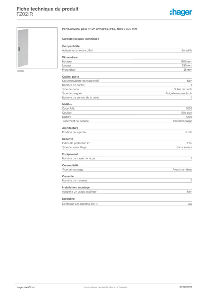 Image Hager Fiche technique du produit FZ021R | Hager Suisse