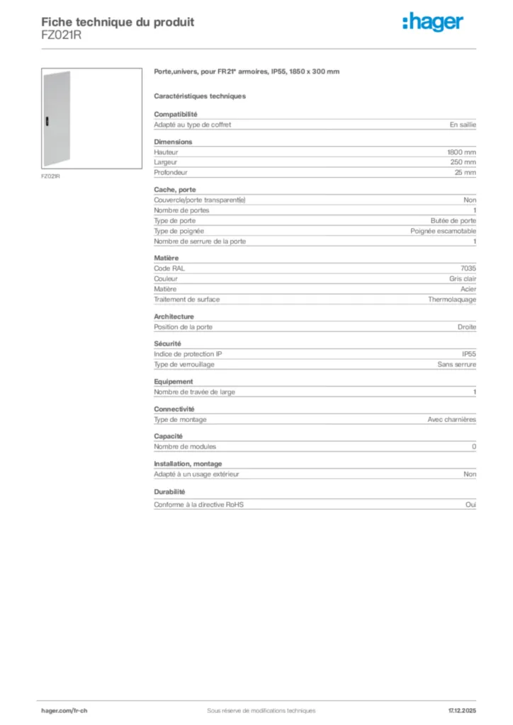 Image Hager Fiche technique du produit FZ021R | Hager Suisse
