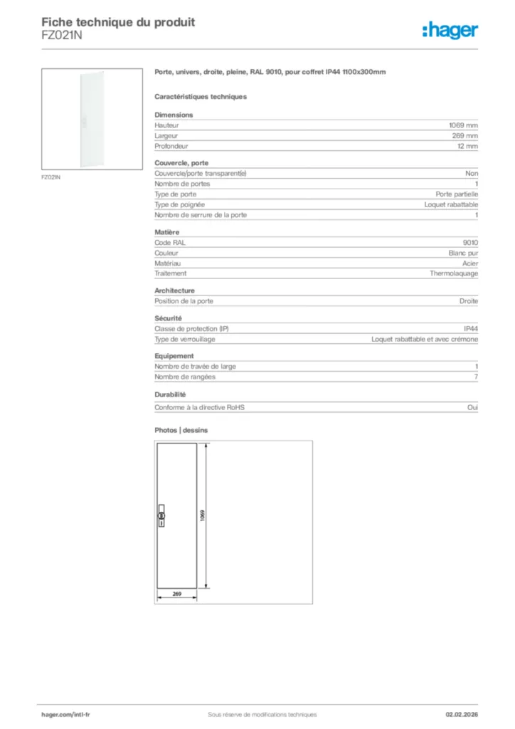 Image Hager Fiche technique du produit FZ021N | Hager Afrique
