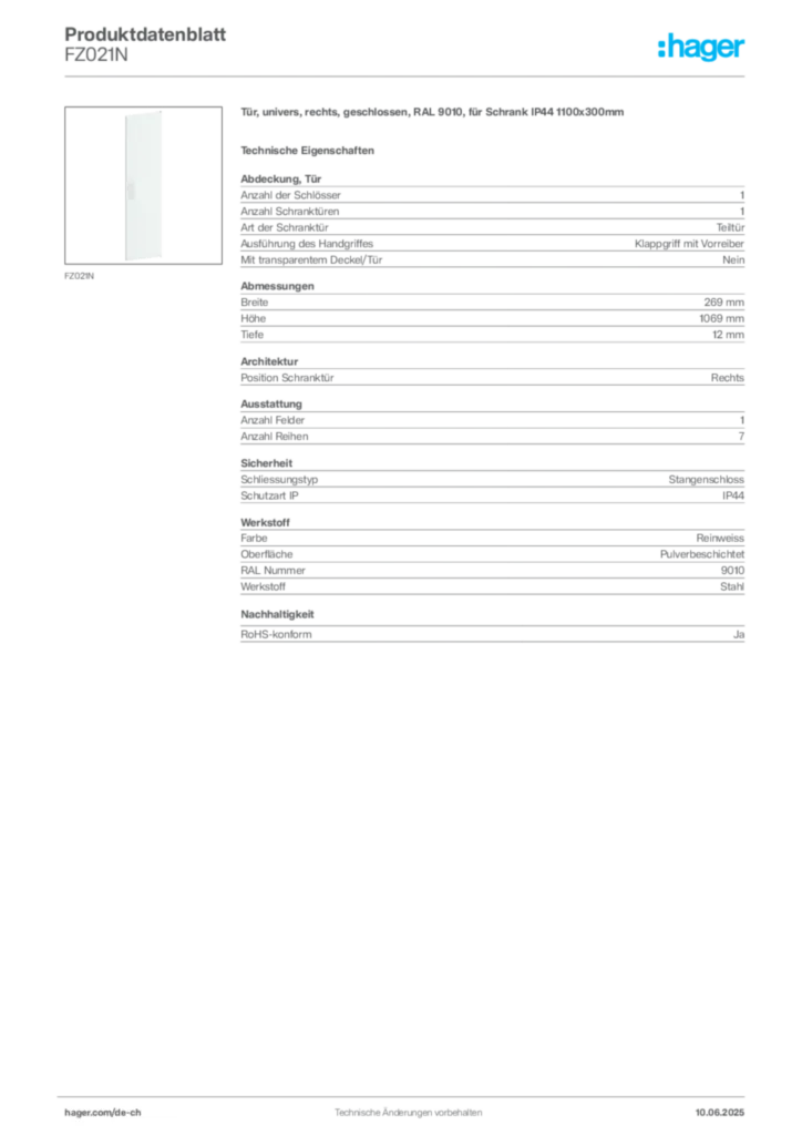 Bild Hager Produktdatenblatt FZ021N | Hager Schweiz