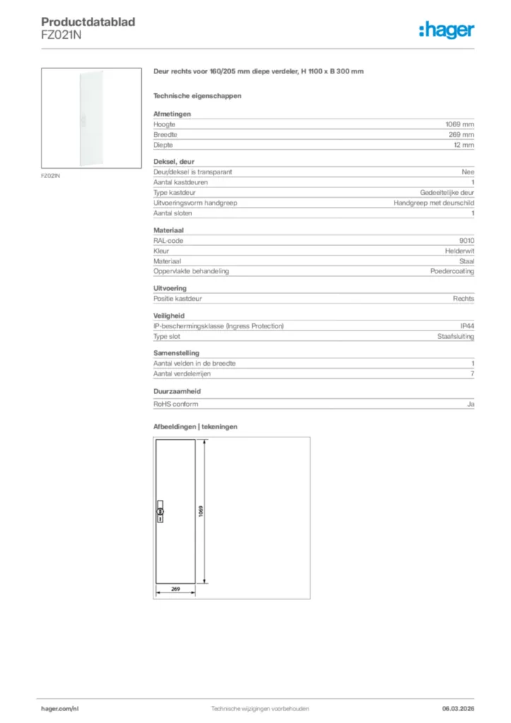 Afbeelding Hager Productdatablad FZ021N | Hager Nederland