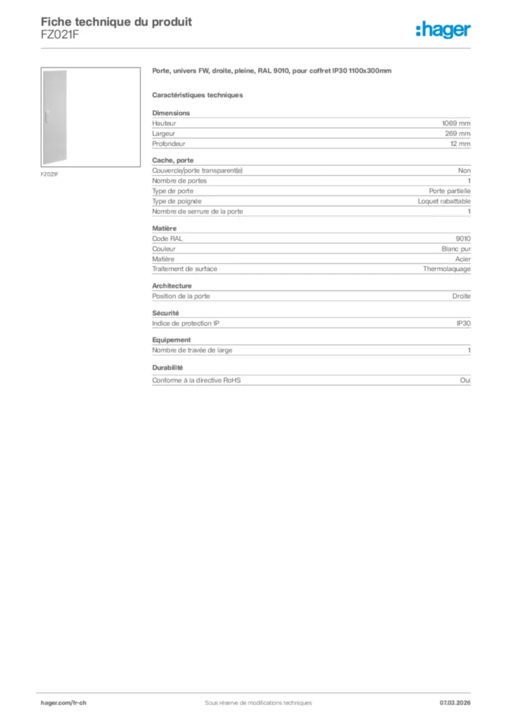 Image Hager Fiche technique du produit FZ021F | Hager Suisse