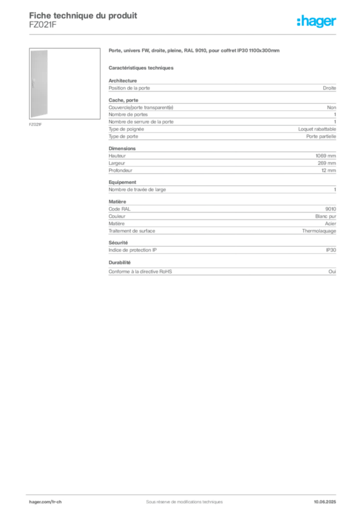 Image Hager Fiche technique du produit FZ021F | Hager Suisse