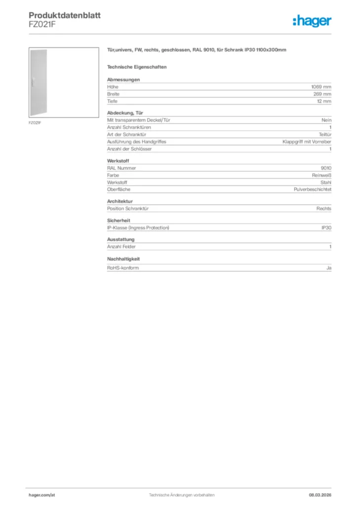 Bild Hager Produktdatenblatt FZ021F | Hager Deutschland
