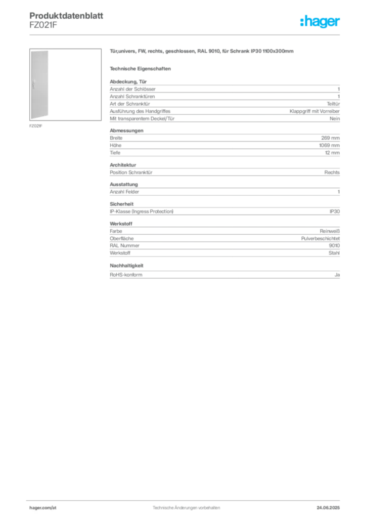 Bild Hager Produktdatenblatt FZ021F | Hager Deutschland