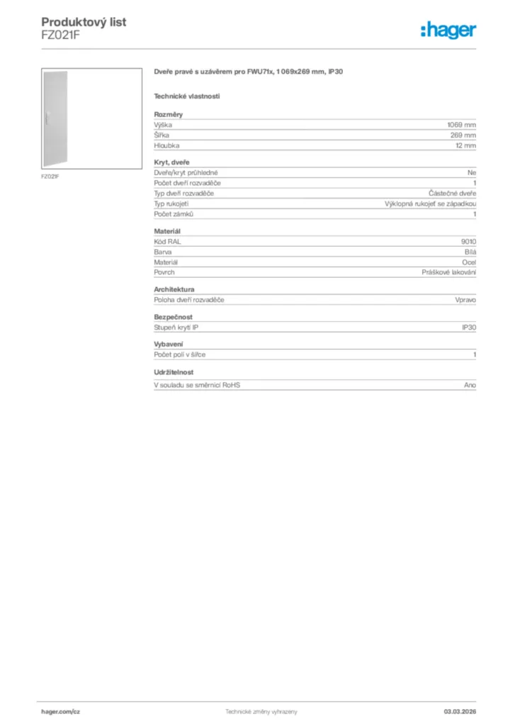 Obrázek Hager Product data sheet FZ021F | Hager