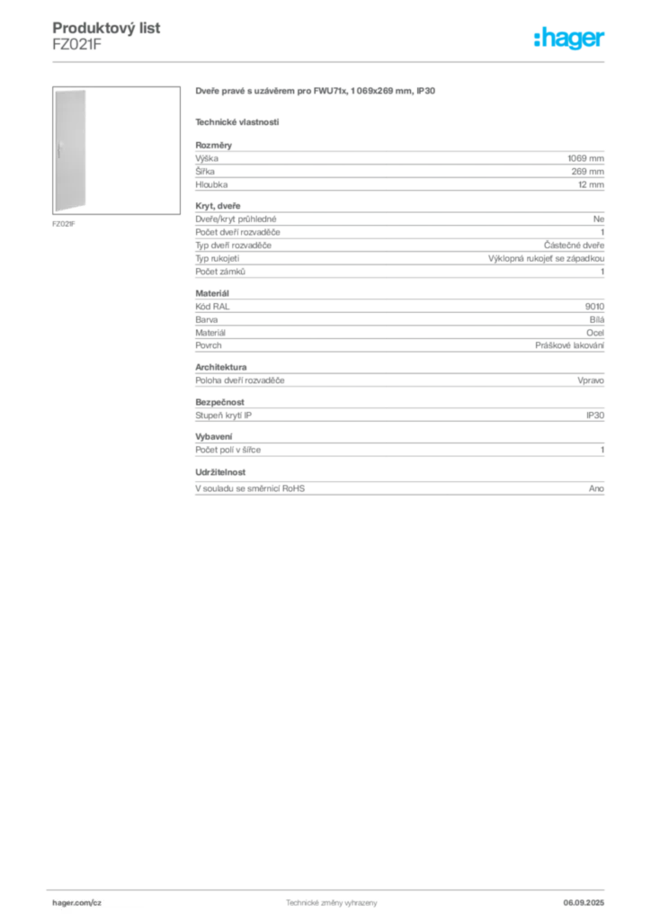 Obrázek Hager Produktový list FZ021F | Hager