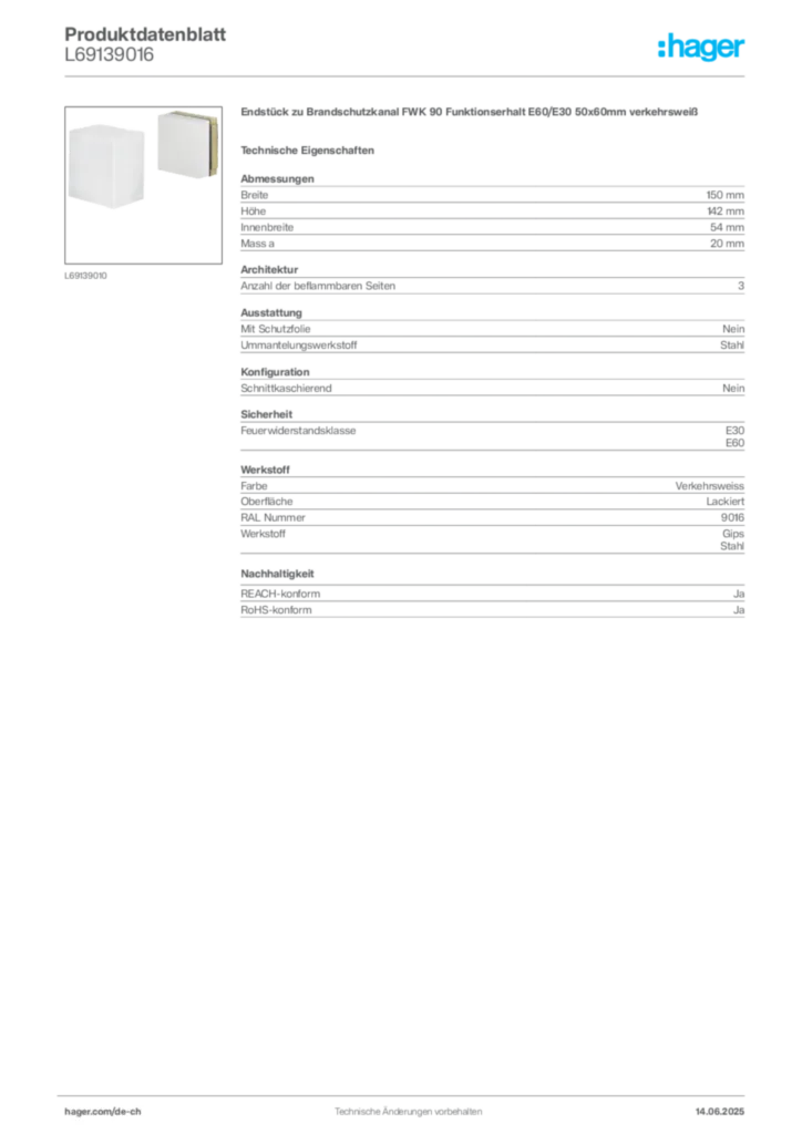 Bild Hager Produktdatenblatt L69139016 | Hager Schweiz