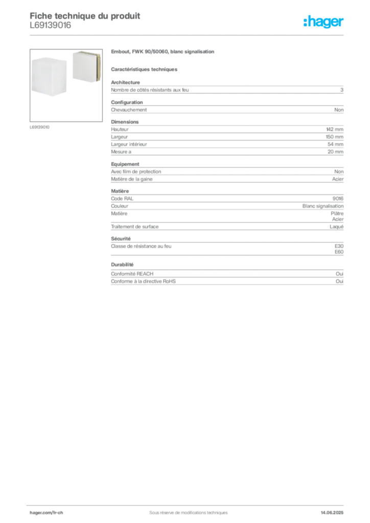 Image Hager Fiche technique du produit L69139016 | Hager Suisse