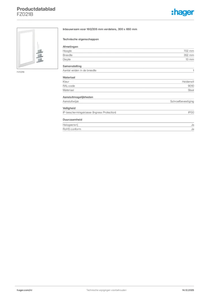 Afbeelding Hager Productdatablad FZ021B | Hager Nederland