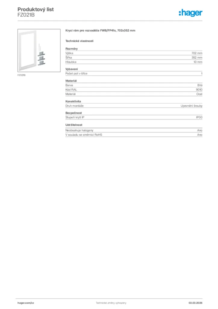 Obrázek Hager Product data sheet FZ021B | Hager