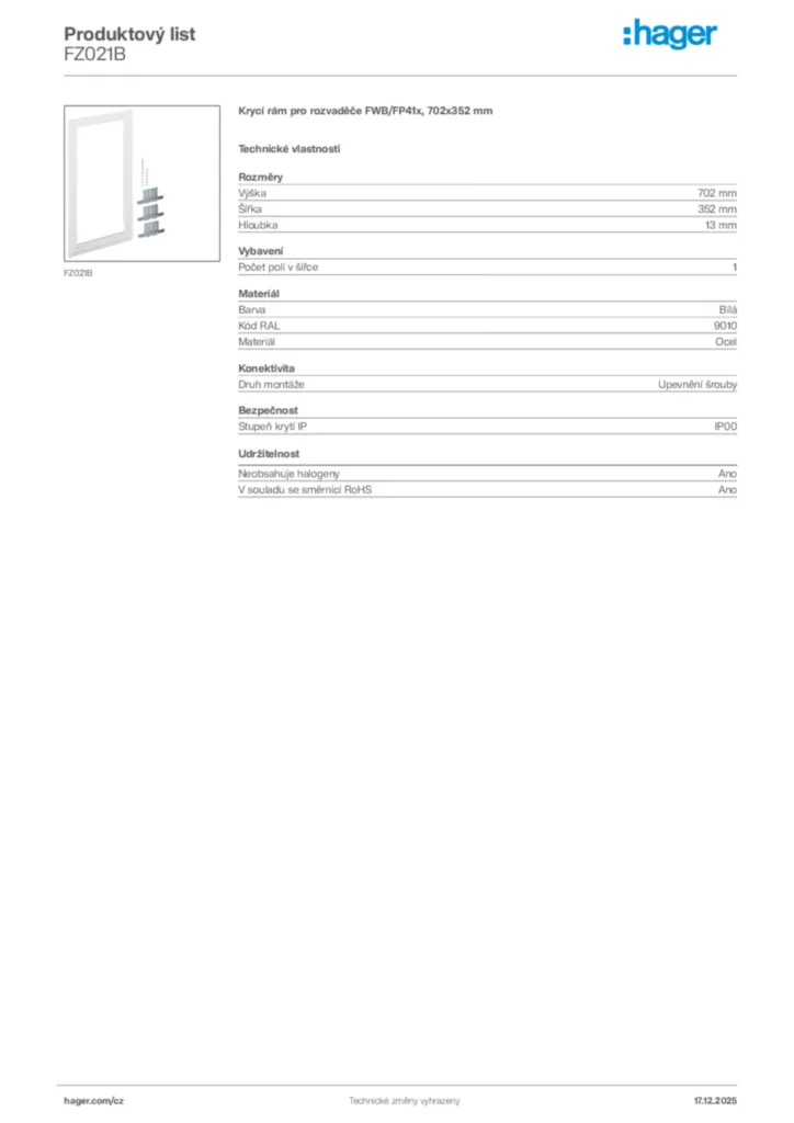 Obrázek Hager Produktový list FZ021B | Hager