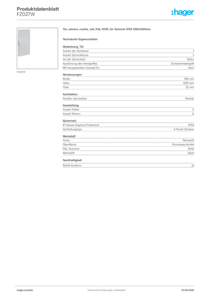 Bild Hager Produktdatenblatt FZ027W | Hager Deutschland