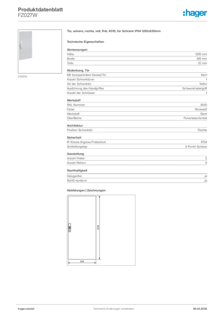 Bild Hager Produktdatenblatt FZ027W | Hager Deutschland