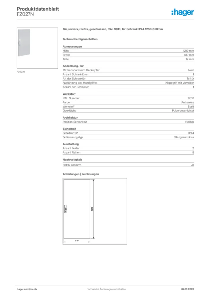 Bild Hager Produktdatenblatt FZ027N | Hager Schweiz