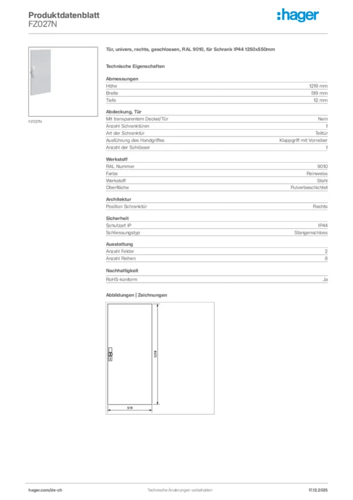 Bild Hager Produktdatenblatt FZ027N | Hager Schweiz