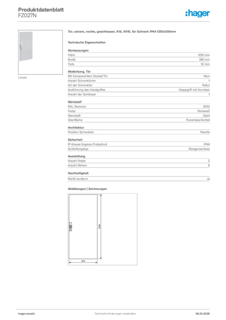 Bild Hager Produktdatenblatt FZ027N | Hager Deutschland