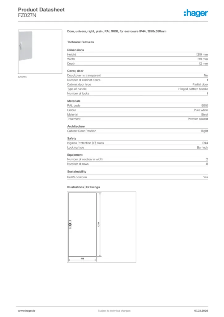 Image Hager Product data sheet FZ027N  | Hager