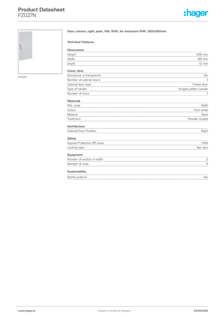 Image Hager Product data sheet FZ027N  | Hager