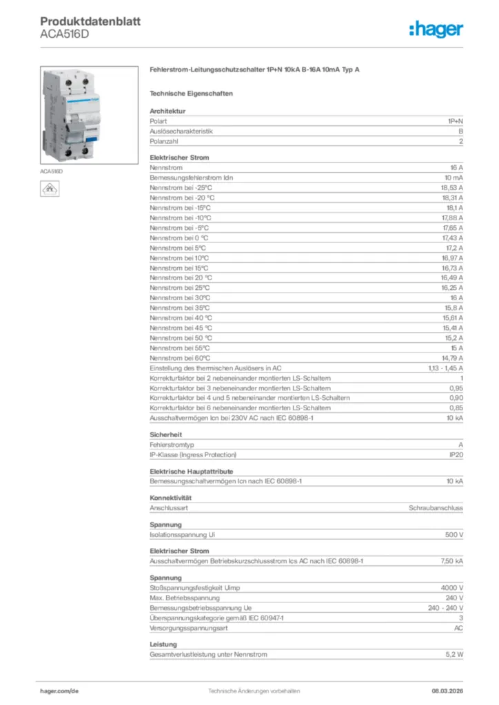 Bild Hager Produktdatenblatt ACA516D | Hager Deutschland