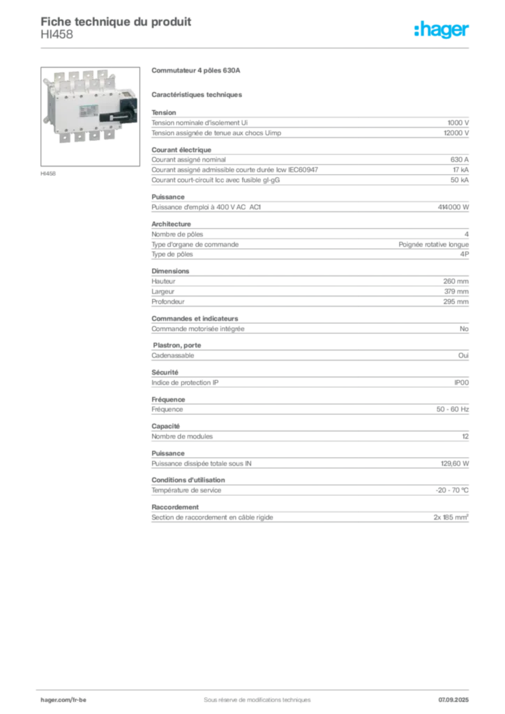 Image Hager Fiche technique du produit HI458 | Hager Belgique