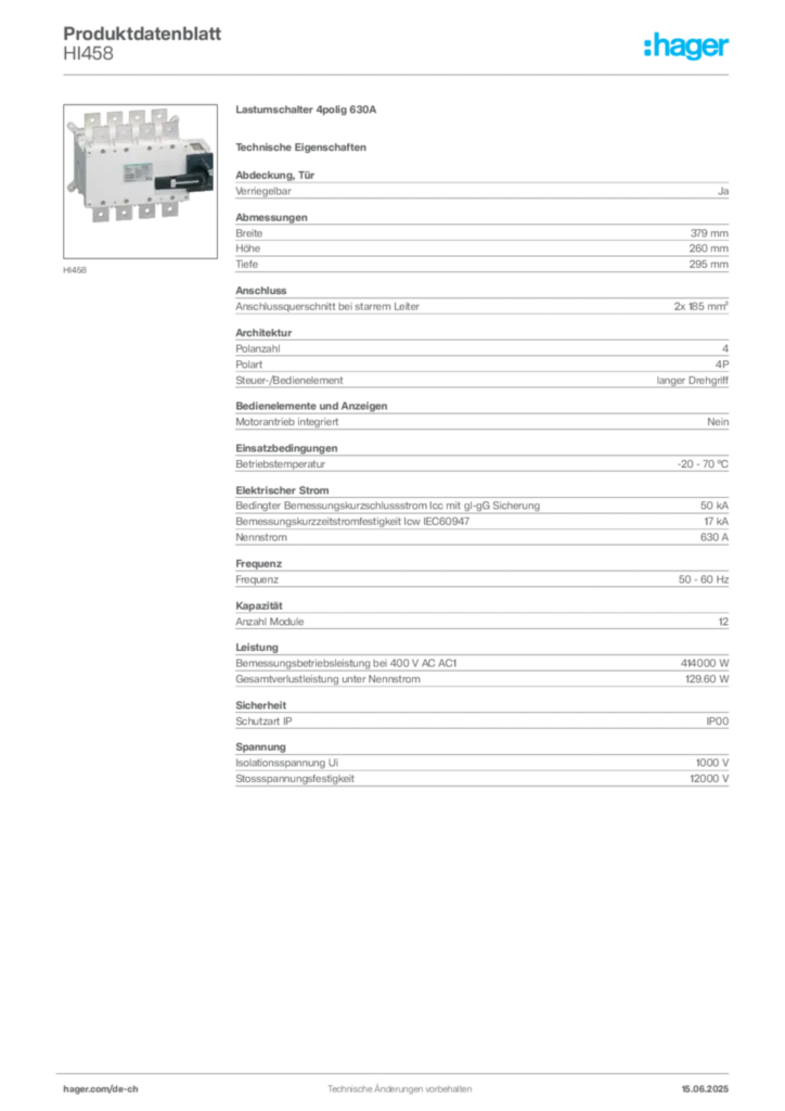 Bild Hager Produktdatenblatt HI458 | Hager Schweiz