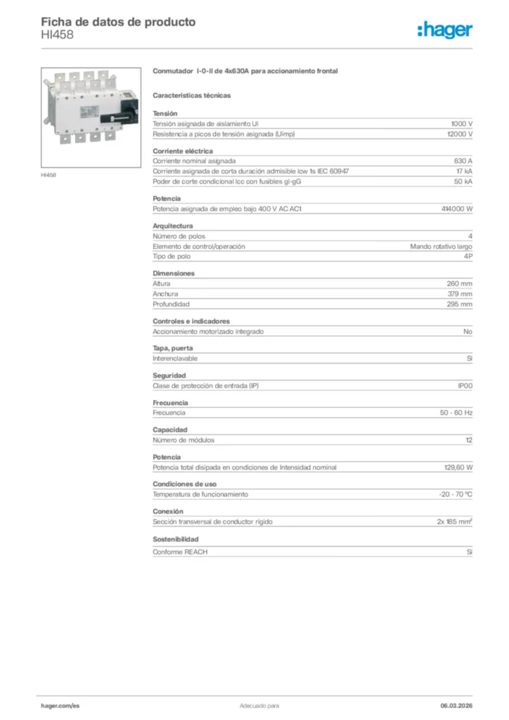 Imagen Hager Ficha de datos de producto HI458 | Hager España