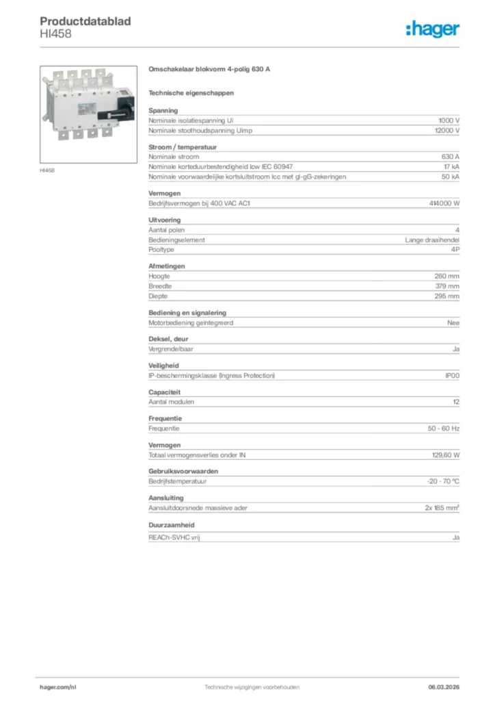 Afbeelding Hager Productdatablad HI458 | Hager Nederland