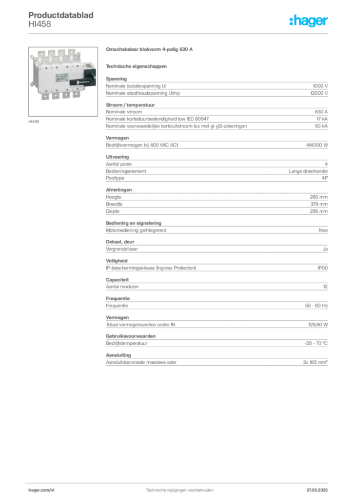 Afbeelding Hager Productdatablad HI458 | Hager Nederland