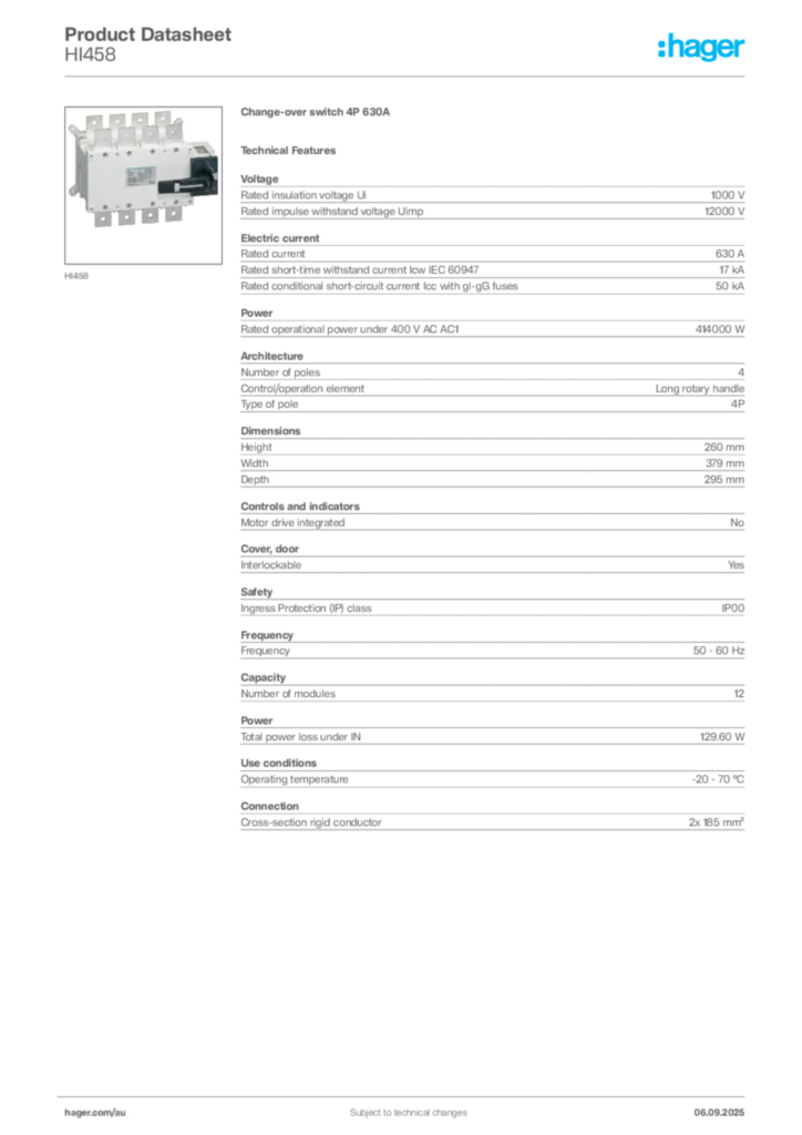 Image Hager Product data sheet HI458  | Hager Australia