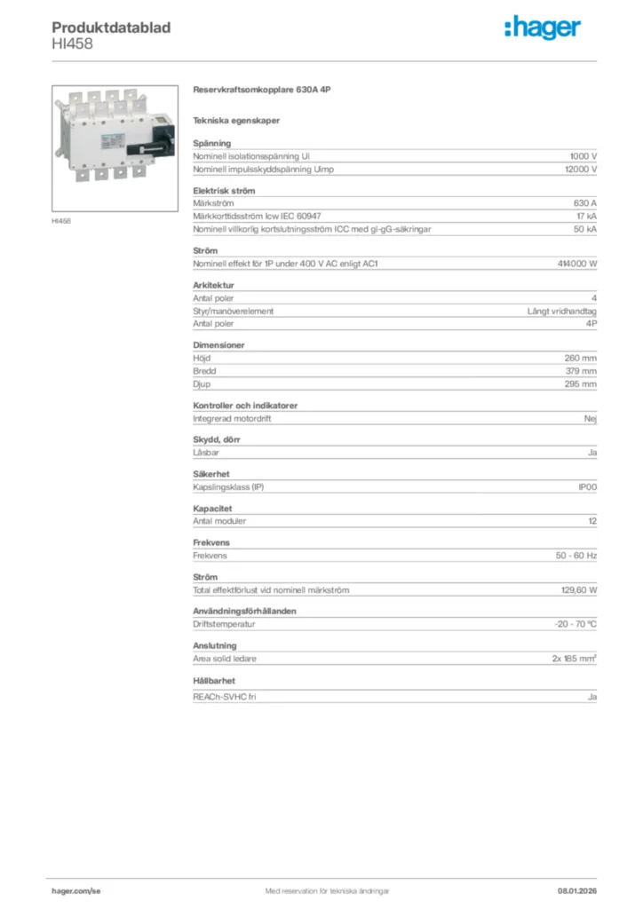 Bild Hager Produktdatablad HI458 | Hager Sverige