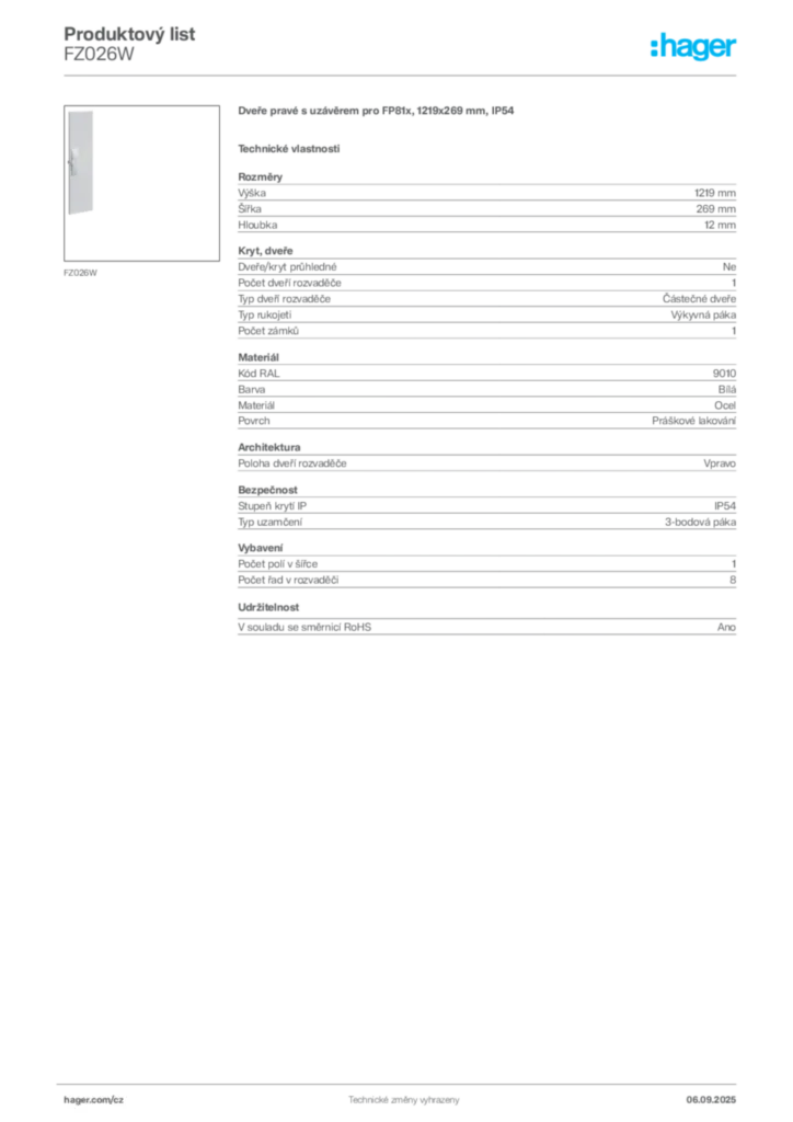 Obrázek Hager Produktový list FZ026W | Hager