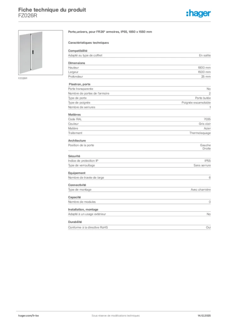 Image Hager Fiche technique du produit FZ026R | Hager Belgique