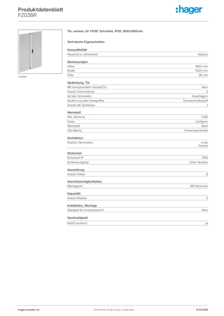 Bild Hager Produktdatenblatt FZ026R | Hager Schweiz