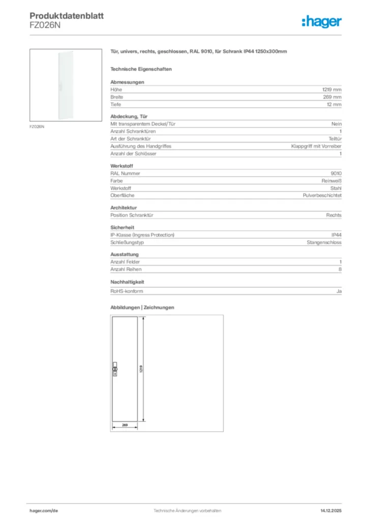 Bild Hager Produktdatenblatt FZ026N | Hager Deutschland