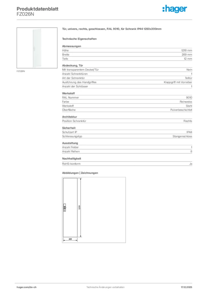 Bild Hager Produktdatenblatt FZ026N | Hager Schweiz
