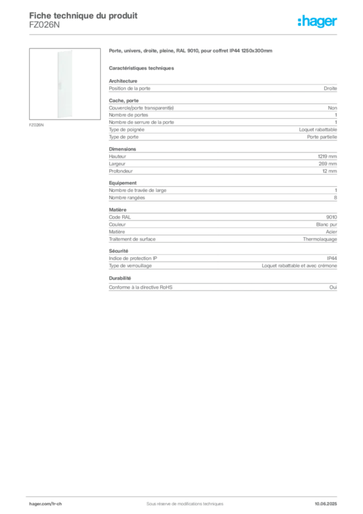 Image Hager Fiche technique du produit FZ026N | Hager Suisse