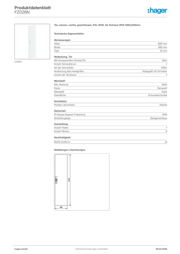 Bild Hager Produktdatenblatt FZ026N | Hager Deutschland