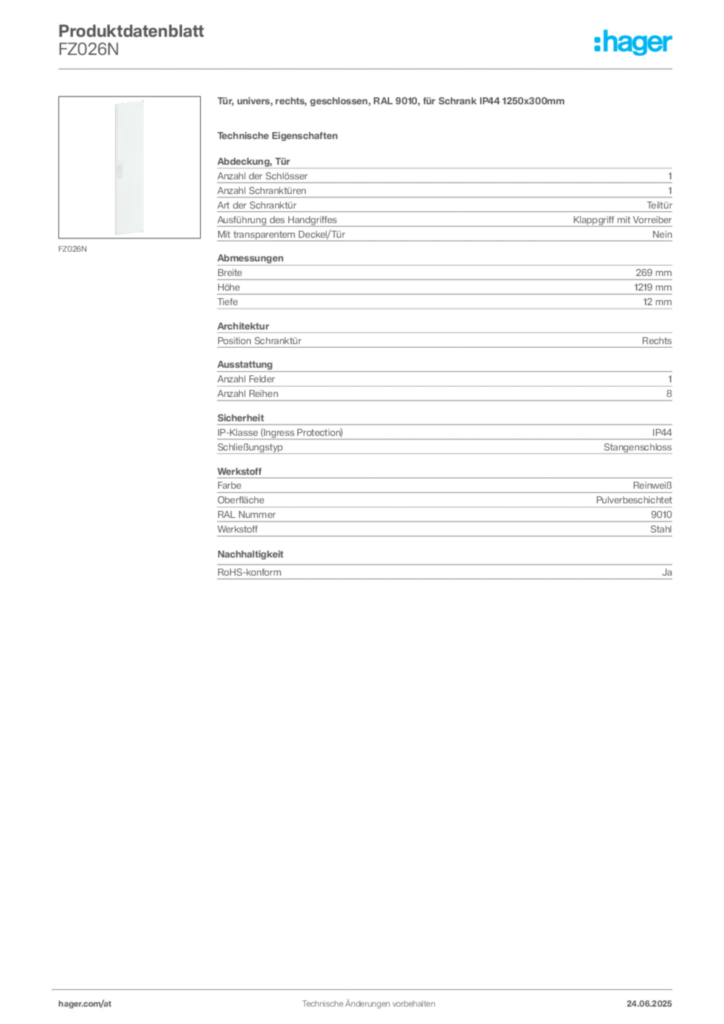 Bild Hager Produktdatenblatt FZ026N | Hager Deutschland