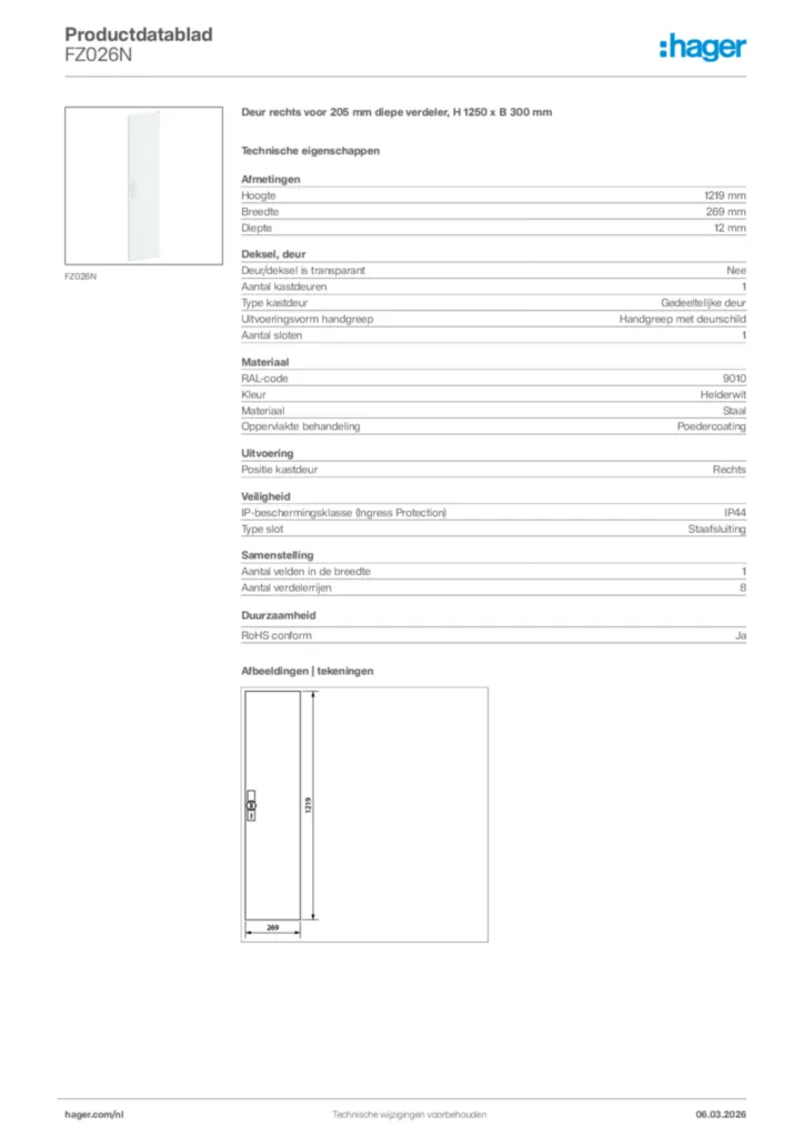 Afbeelding Hager Productdatablad FZ026N | Hager Nederland