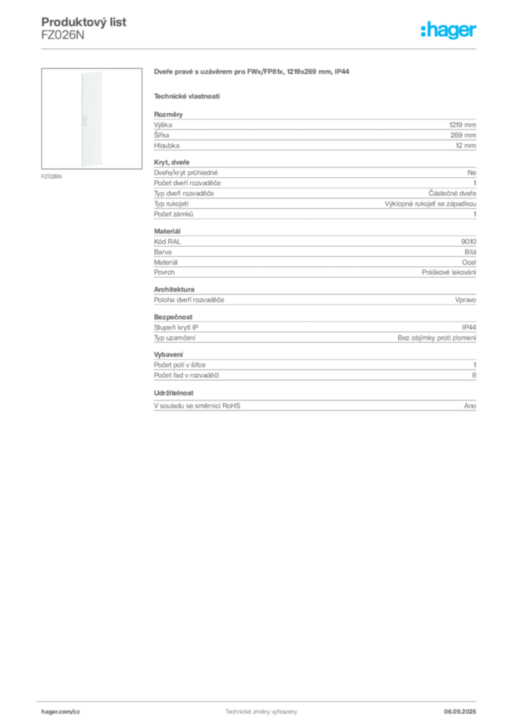 Obrázek Hager Produktový list FZ026N | Hager