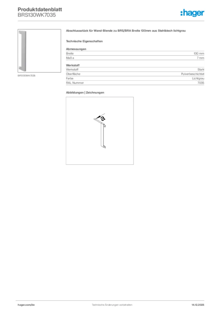 Bild Hager Produktdatenblatt BRS130WK7035 | Hager Deutschland