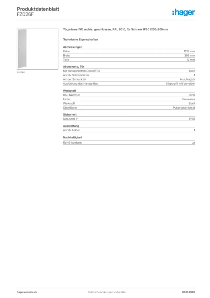 Bild Hager Produktdatenblatt FZ026F | Hager Schweiz