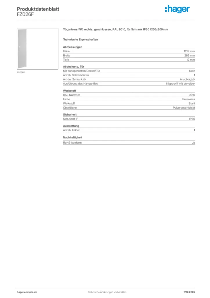 Bild Hager Produktdatenblatt FZ026F | Hager Schweiz